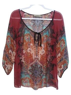Cluny Sheer Paisley Tie-Neck Blouse in Burgundy Multi Paisley 3/4 Sleeves Size 6
